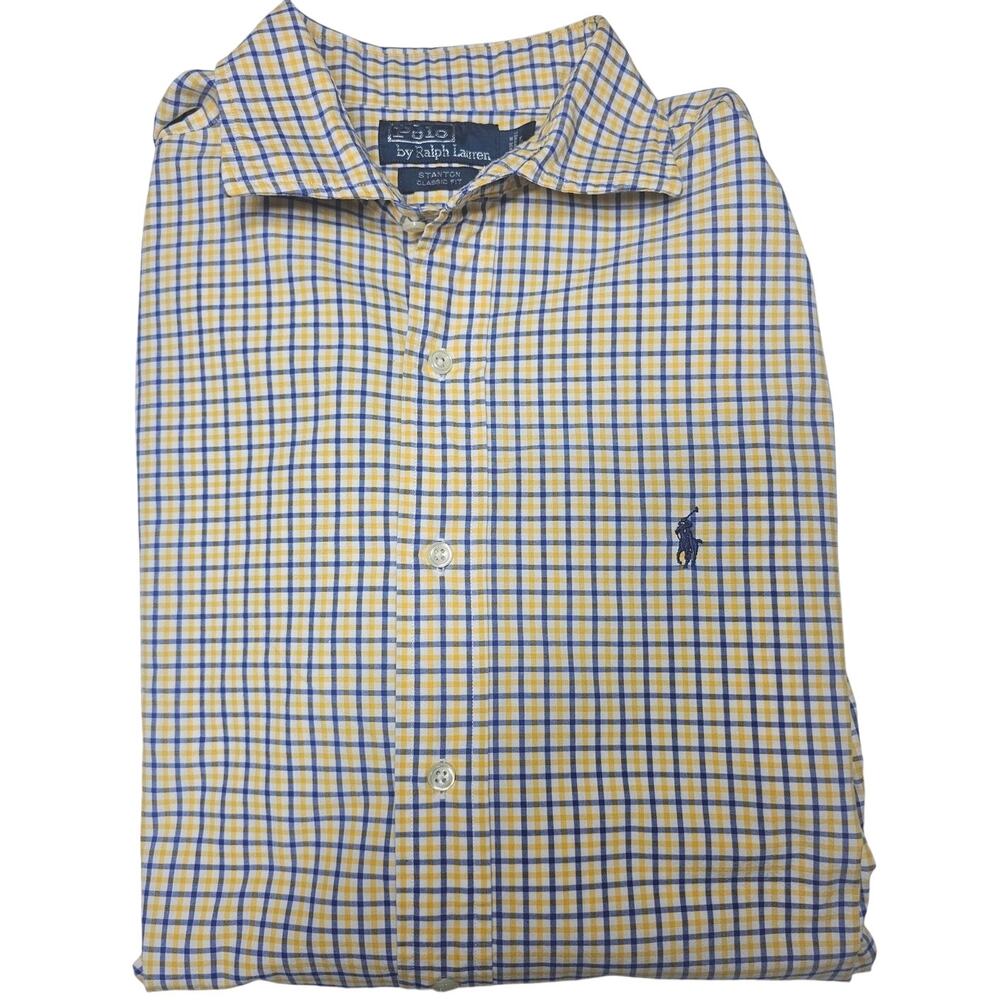 Polo Ralph Lauren Stanton Classic Fit Long Sleeve Yellow Blue White Plaid Size L